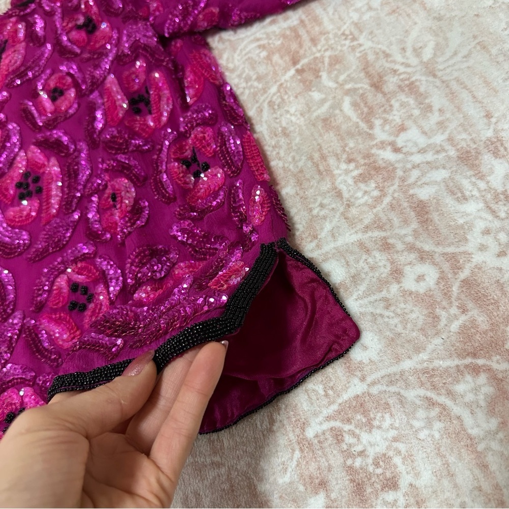 Vintage 100% Silk Beaded Camellia Sequins Pink Top - Picture 7 of 16